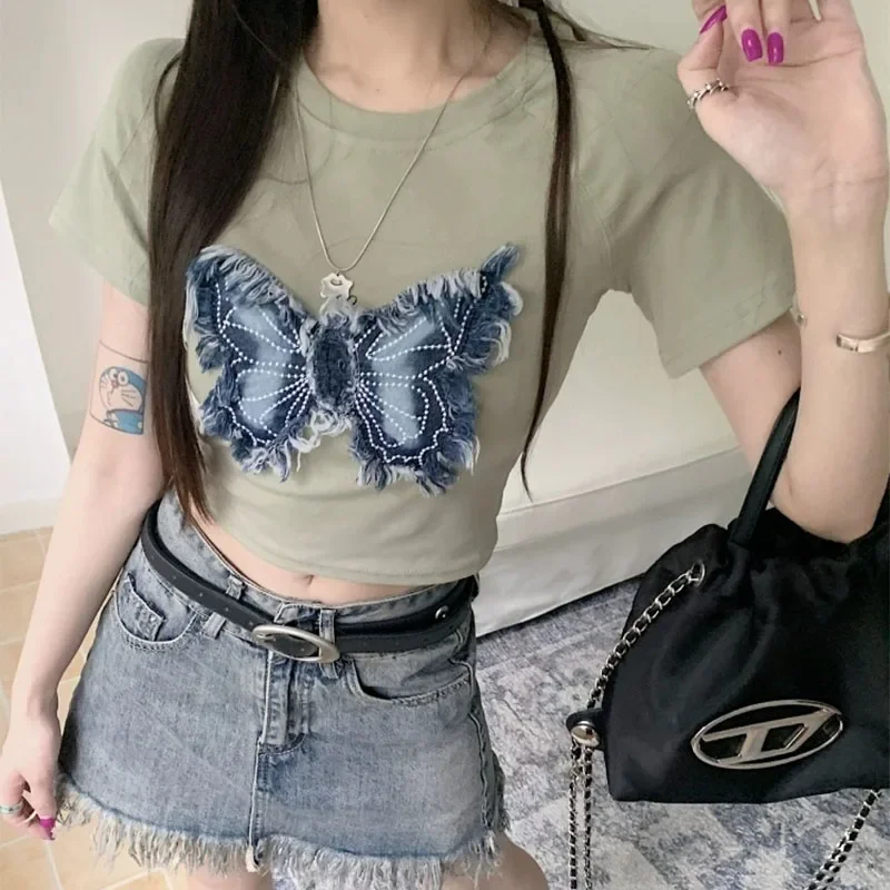 Summer Chic Three-dimensional Butterfly Short Style T-shirt Women's Clothing Vintage Sweet Slim Short Sleeve Top Tee