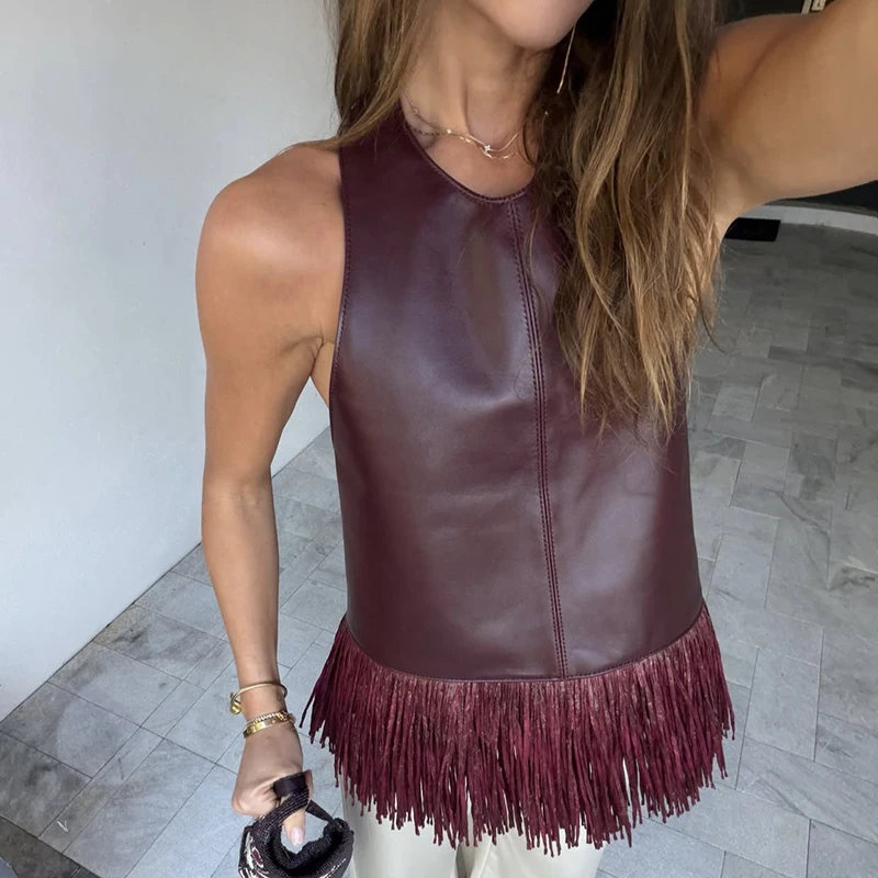 

Typhaland Women's Fashion Tassel PU Leather Vest Sexy Backless Streetwear Halter Top Sleeveless 2026 Casual Hot Girl Summer New