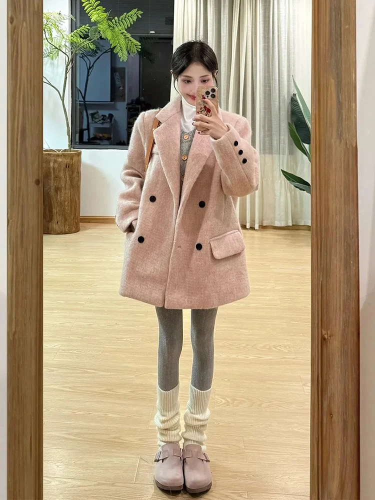 

Pink Woolen Suit Jaet Women's Gentle Sle Double Breasted Coat Winter Faion Korean Version Long Sve Medium Length