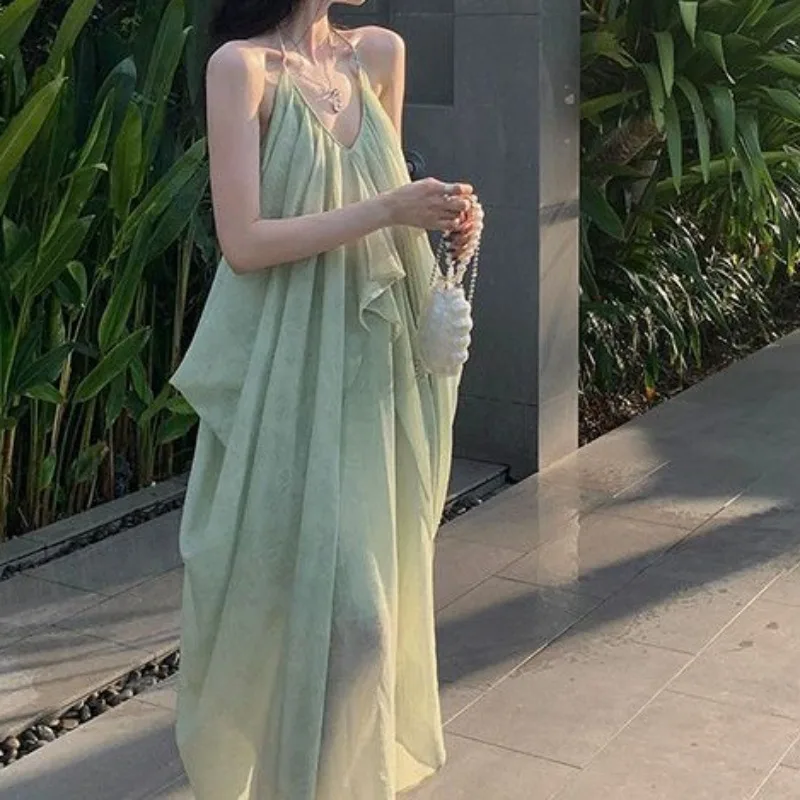 

V-neck Suspender Dress Female 2025 Summer Fashion Dress Seaside Holiday Backless Long Skirt
