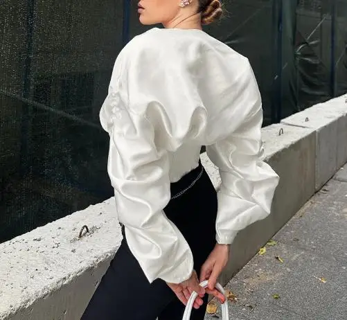 Nuova camicia cardigan a maniche lunghe attillata in vita a lisca di pesce con cerniera sul davanti in tinta unita per donna, camicia a pieghe alla moda