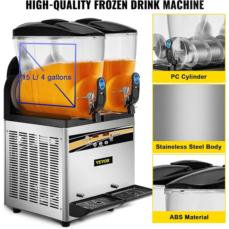 آلة سليشي التجارية VEVOR، صانع مارغريتا بخزان 15 لتر × 2، صانع مشروبات مجمدة من الفولاذ المقاوم للصدأ بقدرة 1000 وات
