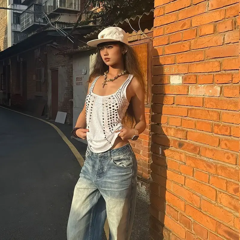 America Vintage Strapless T-shirt Women Camisole Streetwear Summer Sequins Tank Top Sleeveless Camisole Design Girly Slim Top