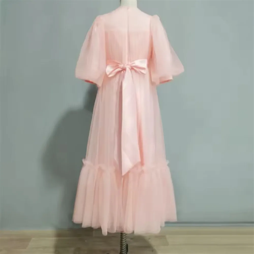 Abito da sposa personalizzato per ragazza di fiori con volant e cintura con fiocco, maniche a sbuffo, abito da festa di compleanno, abito da prima comunione per damigella d'onore