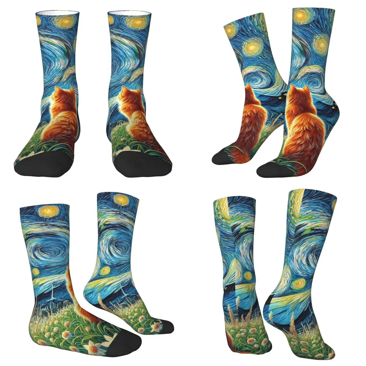All Seasons Crew Stockings Cat And Starry Sky Design Socks Harajuku Long Socks for Men Women Valentine's Day Gifts