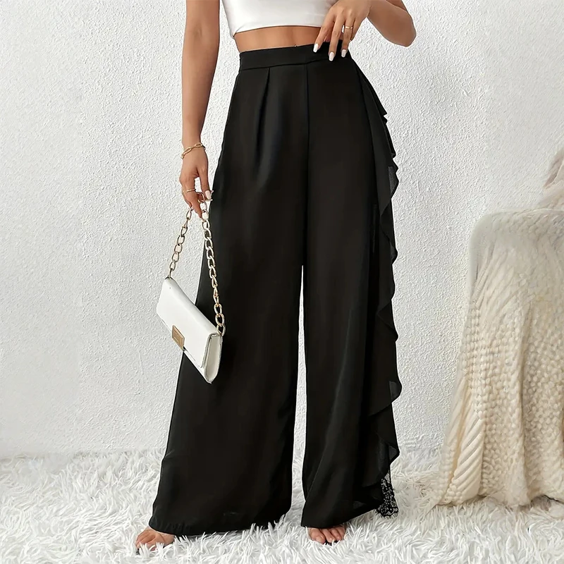 Creative Lace Cutout Suit Pants Women's Side Flounce Design High Waist Wide Leg Pants Fashion Casual Holiday Streetwear Black