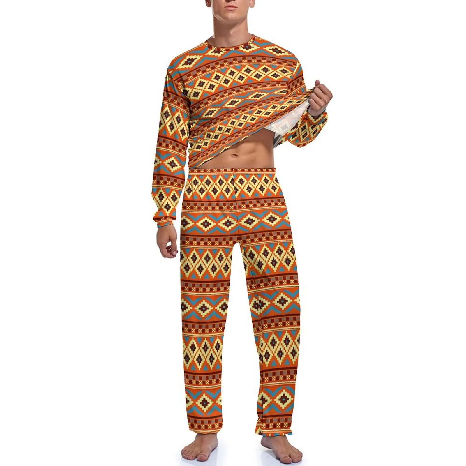 Pijama com estampa tribal de arte asteca masculino adorável roupa de dormir primavera manga comprida 2 peças conjuntos de pijama com padrão de sono