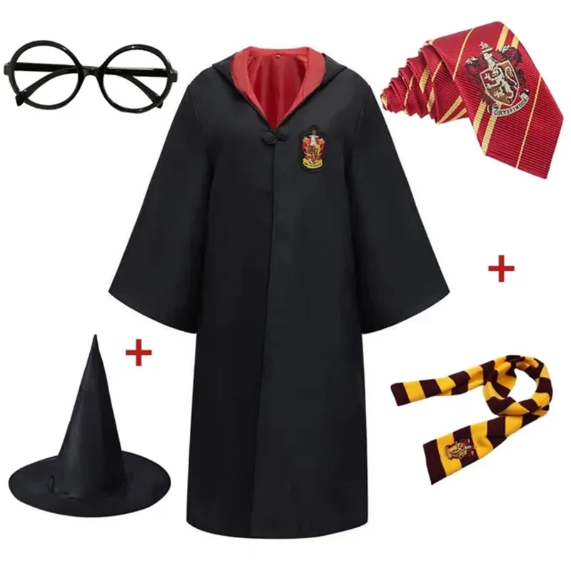 Erwachsene Kinder Harris Umhang Cosplay Kostüm 6 Stück Set Magic School Männer Frauen Zauberei Kleidung Cape Schal Krawatte Brille Hut Par