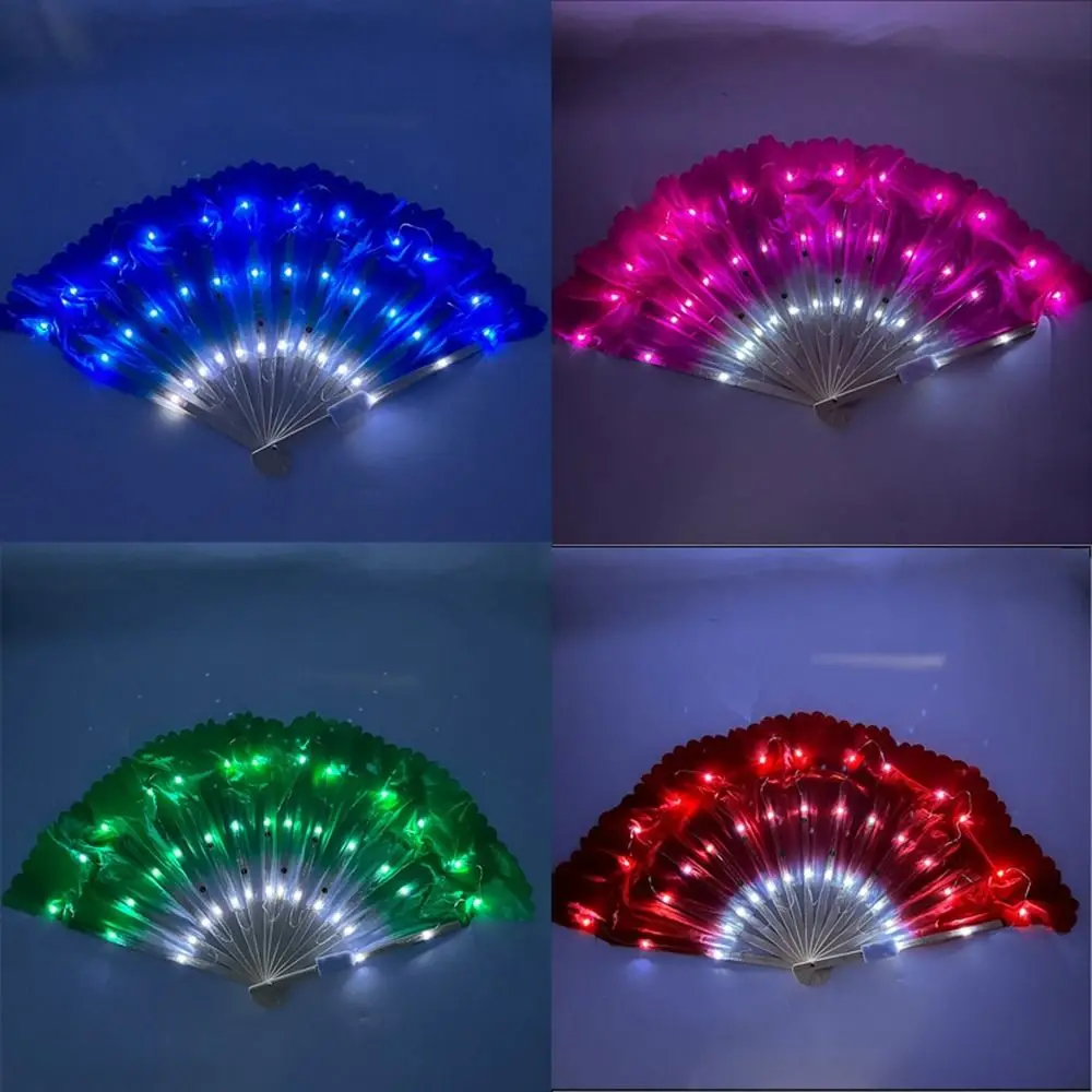 30.5cm bambu + 10cm meio círculo de seda chinês curto ventilador de dança do ventre iluminação 6 cores pares de véu yangko prop dança fãs de bambu