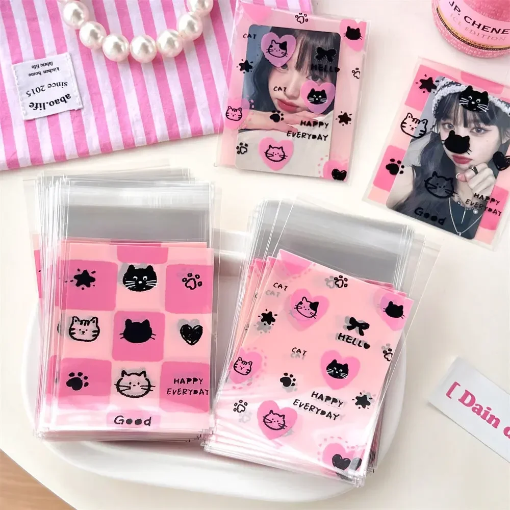 50Pcs Korean INS Cute Pink Black Kitten Opp Bag Kawaii Kpop 3-inch Photo Card DIY Packing Decor Bags Girls Gift Candy Packaging
