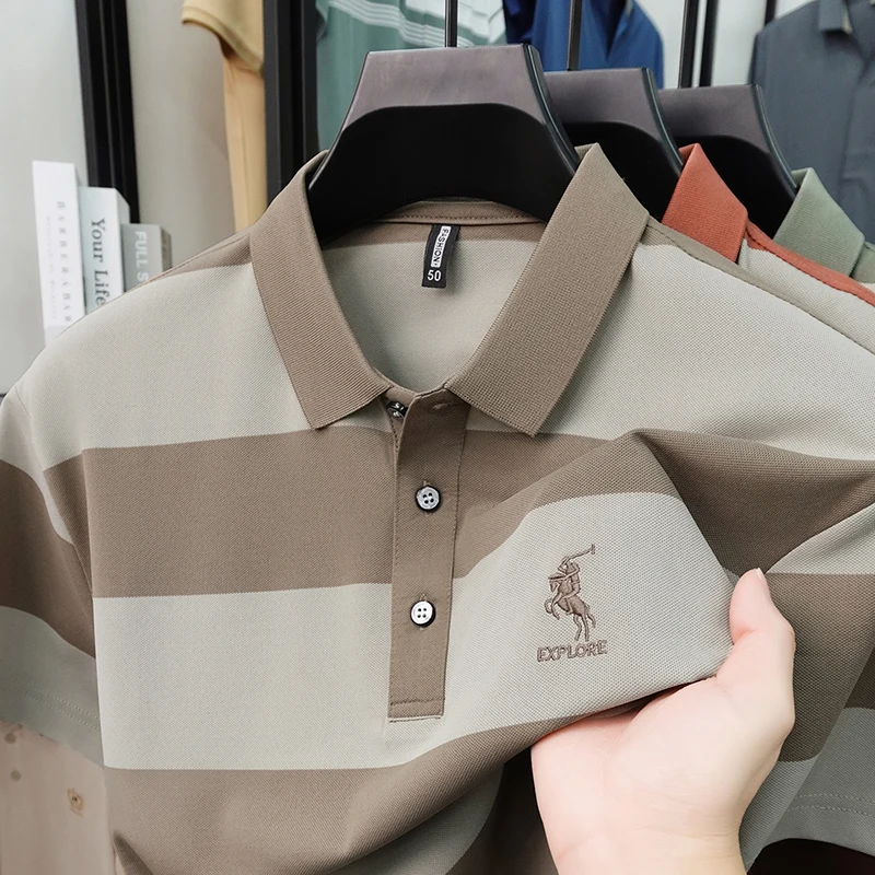 Summer High-end Brand Horse Logo Embroidered Short Sleeved T-shirt Men's Lapel Polo Shirt Striped Skin Friendly Cotton Top