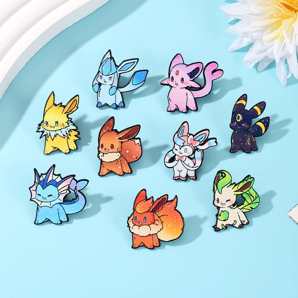 9Pcs Pokemon Eeveelution Enamel Pins Set, Cute Eevee Flareon Jolteon Umbreon Brooches for Backpack Fans Gifts