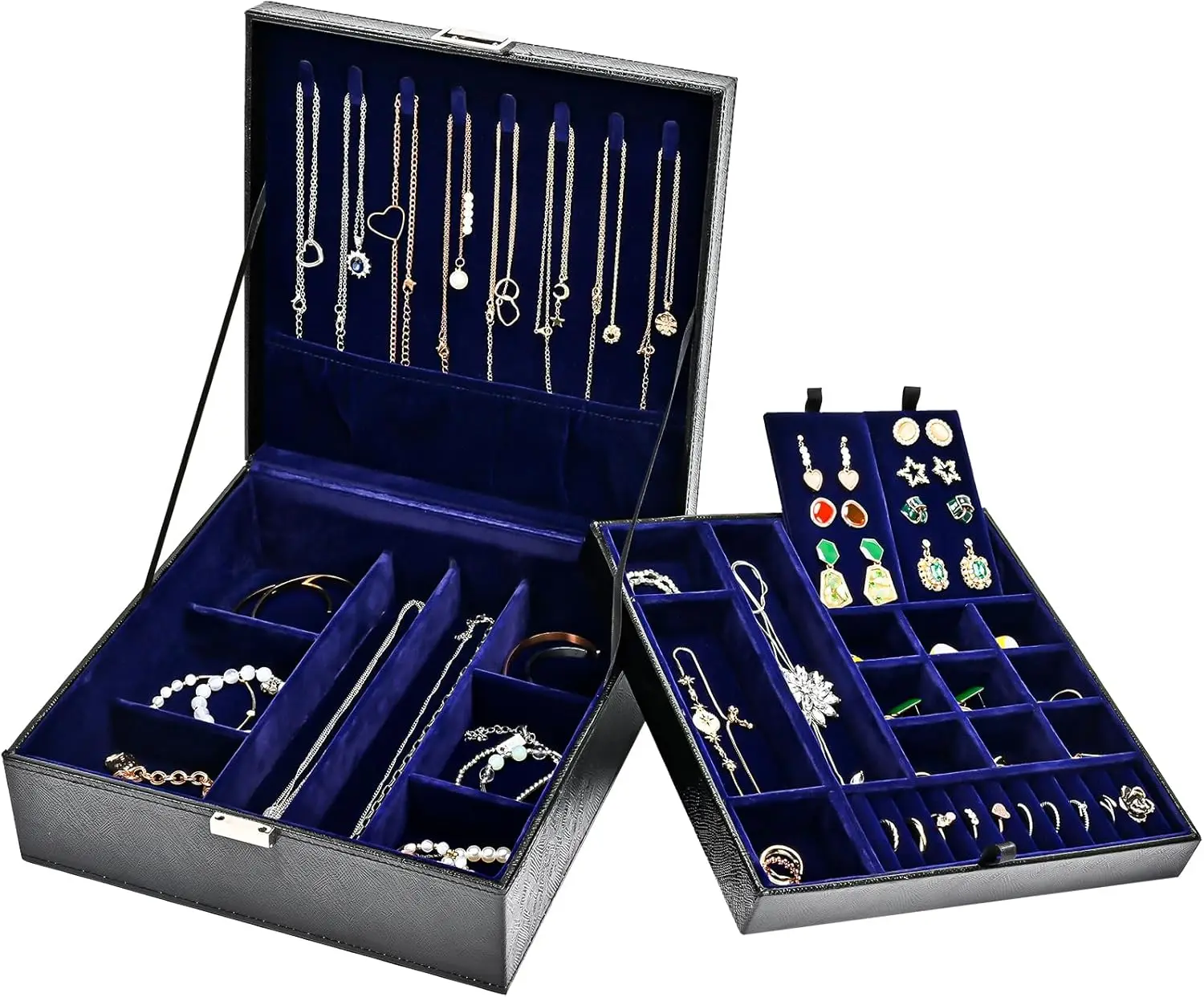 

Шкатулка для драгоценностей для женщин, 2-слойный большой кожаный органайзер для хранения ювелирных изделий со съемной подушечкой для сережек