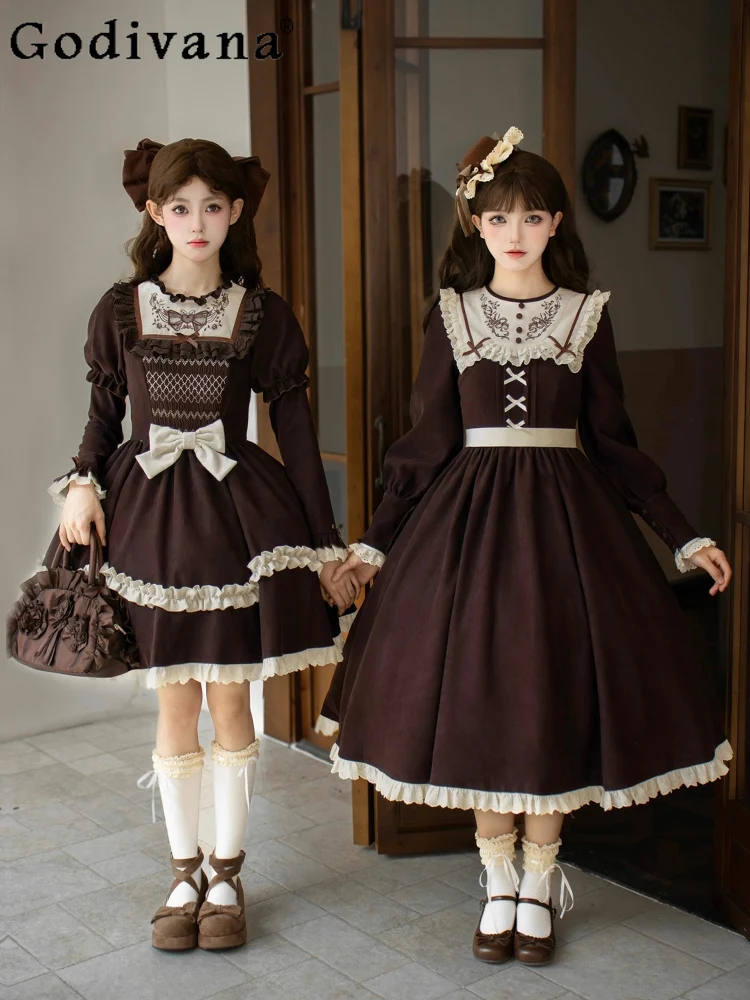 

Spring Autumn Elegant Lolita Embroidered Long and Short Ruffles Dress Temperament Girls High Waist Long Sleeve Crew Neck Dresses