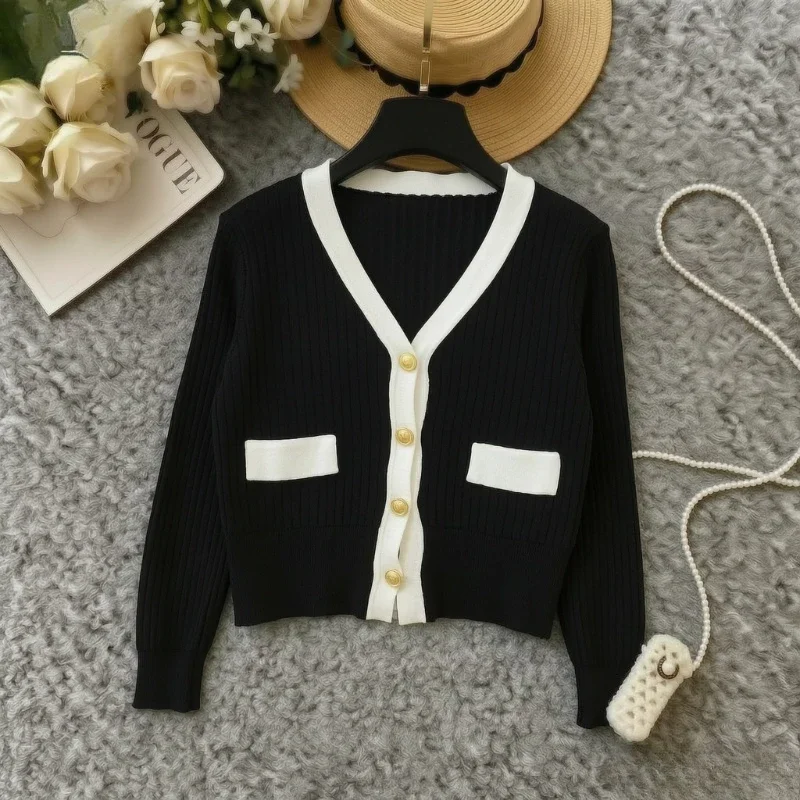 Women Block Knit Cardigan V Neck Elastic Sweater Coat Long Sleeve Button Short Jacket Elegant Casual Outerwear Autumn Daily Wea