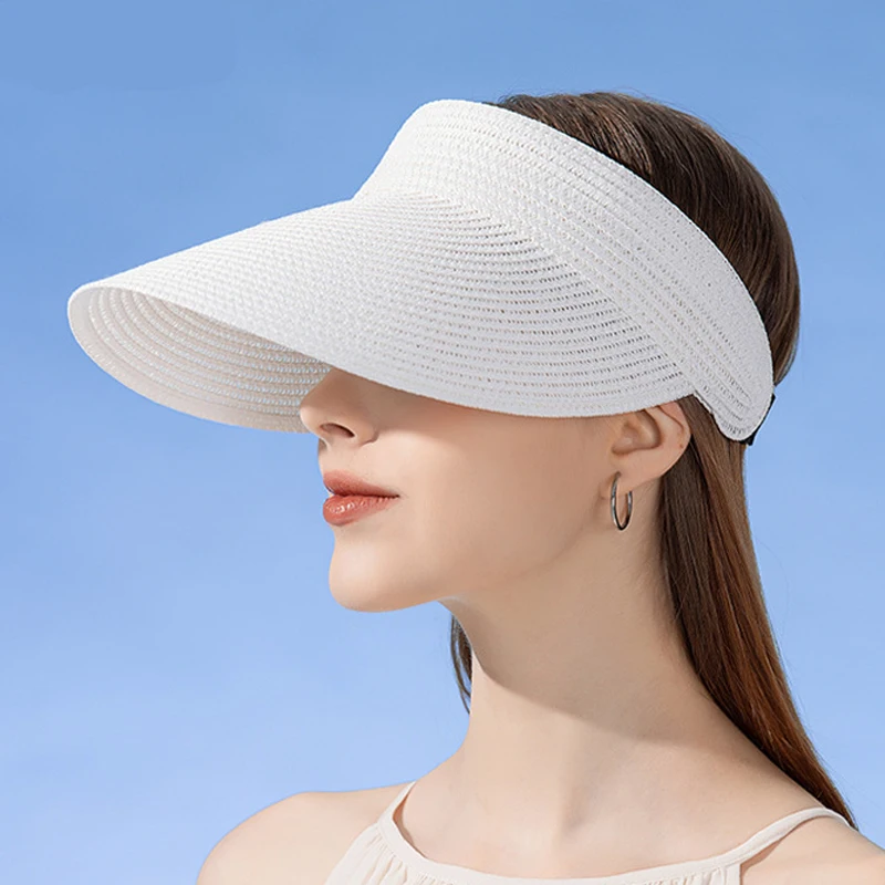 Summer Empty Top Straw Hat for Women Large Wide Brim Anti-UV Sweatband Sunscreen Sun Hats Korean Fashion Adjustable Solid Visors