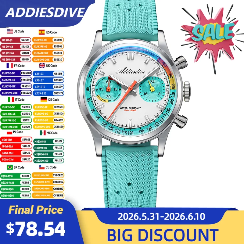 

ADDIESDIVE AD2529 Men's Watch VK64 Quartz 38mm 100M Waterproof BGW9 Super Luminous Fluororubber Strap Luxury Chronograph Watches