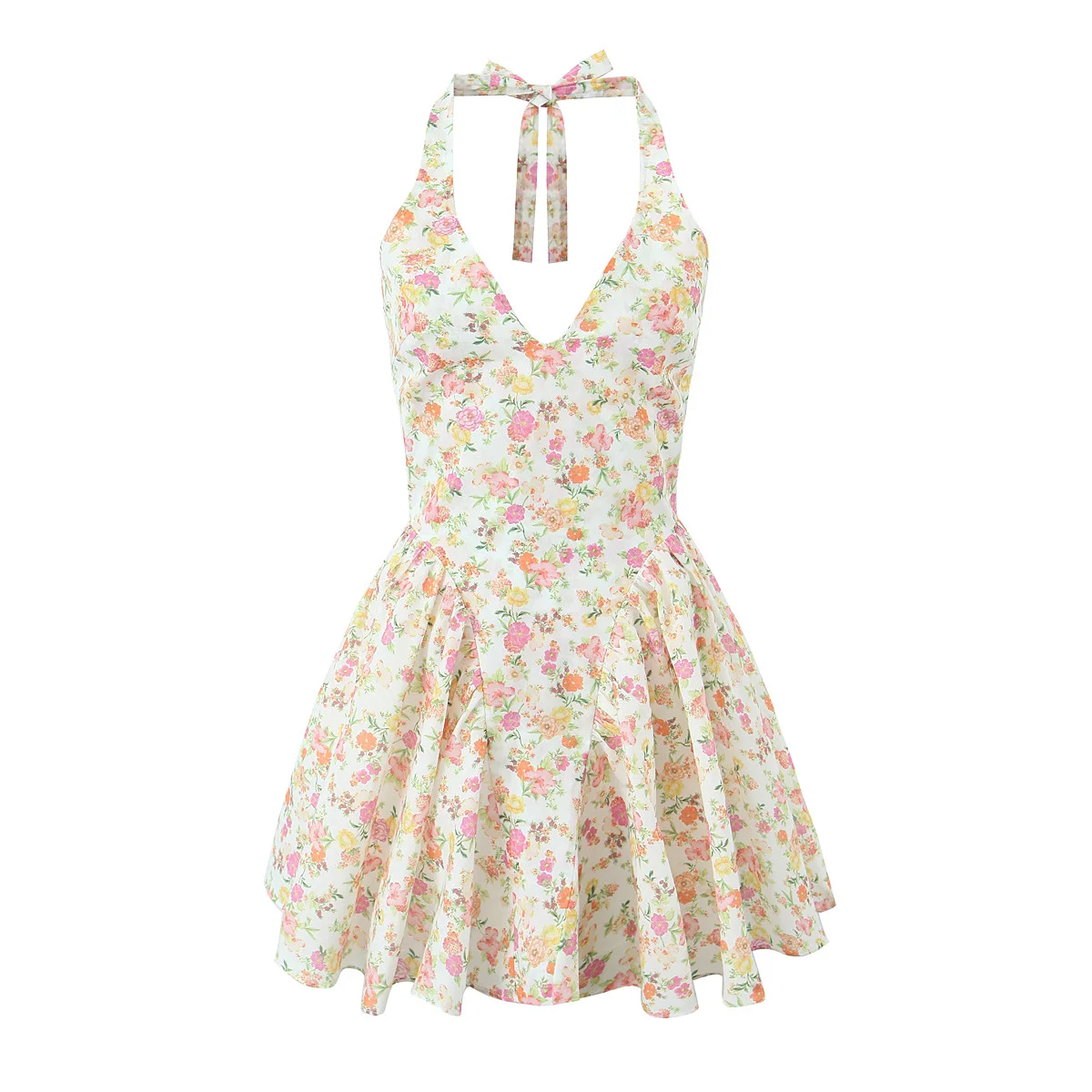 2024 Sexy Apricot Flower Print Bow Halter V Collar Sling Mini Dress Women Low Waist A-Line Pleated Swing Backless Party Robe