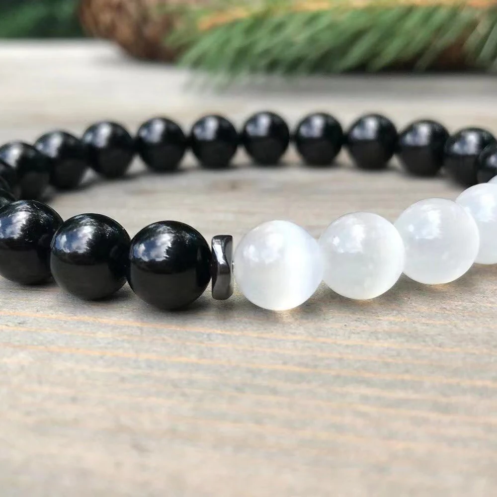 MG2178 8 MM Natural Selenite AAA Grade Black Tourmaline Bracelet Unisex Yin Yang Gemstone Empath Protection Jewelry