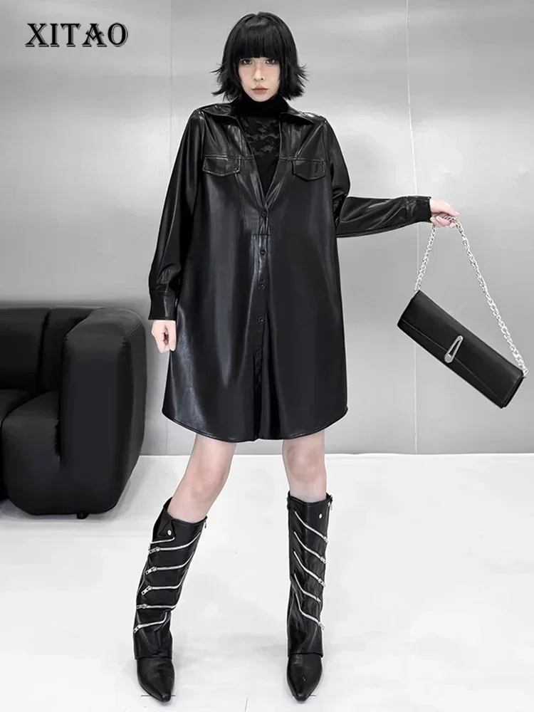 

XITAO Straight Loose Casual Female PU Dress Solid Color Black Personality Fashion Autumn Turn Down Collar Women Dress GMM1136