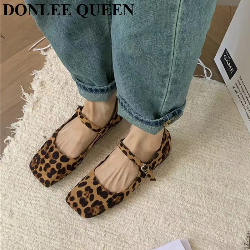 2024 Fashion Leopard Print Flats Ballet Shoes Women Slip On Loafer Square Toe Shallow Mary Janes Ballerina Soft Moccasin Zapatos