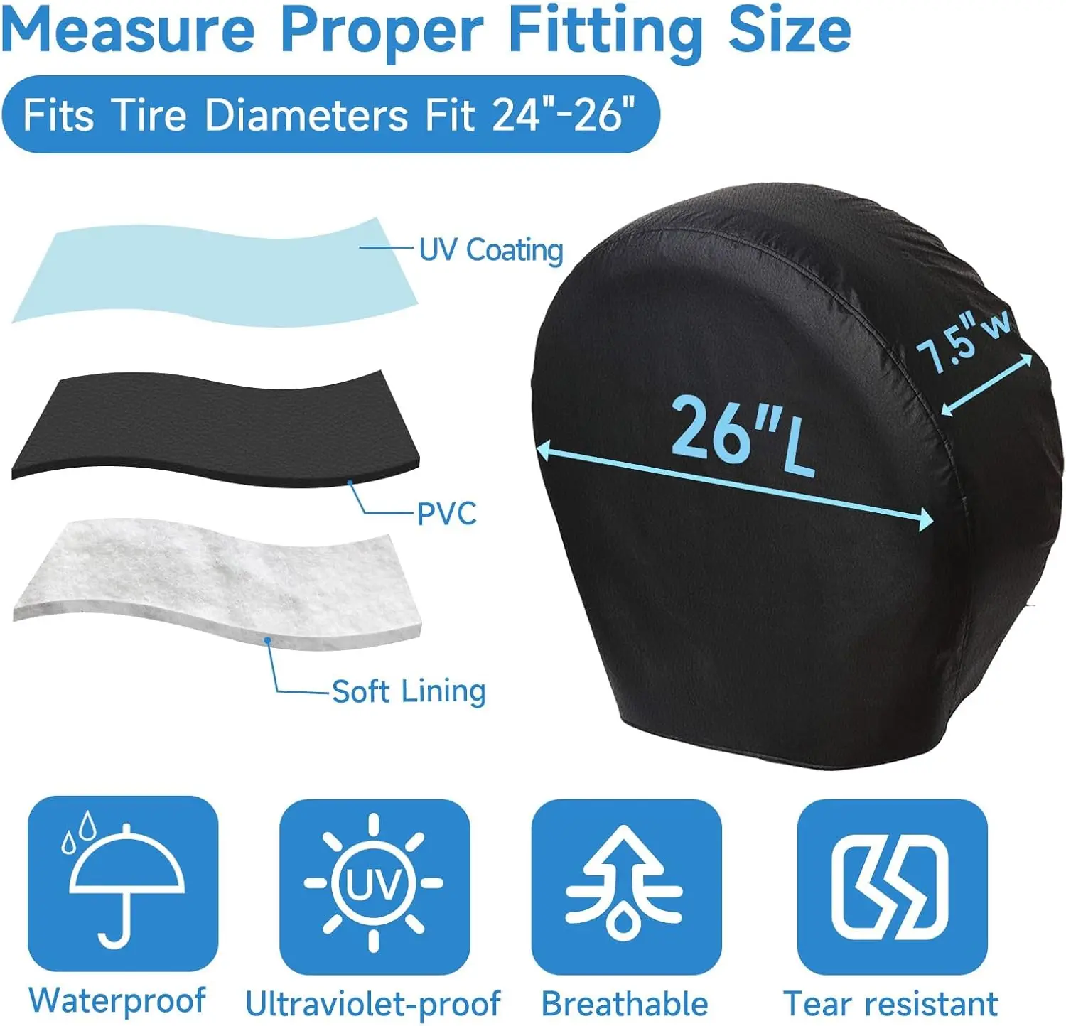 VINPATIO RV Tire Covers Set of 4, Tough Waterproof Wheel Protector for Trailer Camper, Truck, SUV, Motorhome, Universal Fits Tire Diameters 24-26 Inches, Black