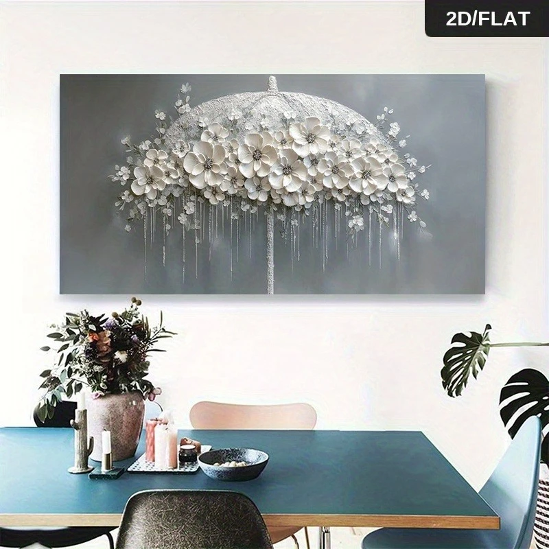 

2D Flat Modern Elegant White Flowers on An Umbrella Canvas Wall Art, Frameless Abstract Canvas Prnts for Living Rooms Decortions