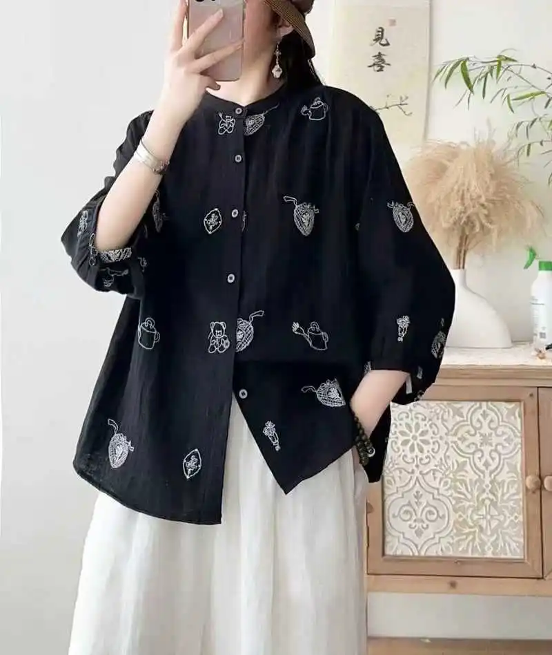 جديد 2025 قميص نصف كم من غزل القطن للخريف ، بلوزة فضفاضة للنساء مطرزة على شكل قطة ، بلوزة موري جيرل متعددة الاستخدامات للتنقل T59321CC