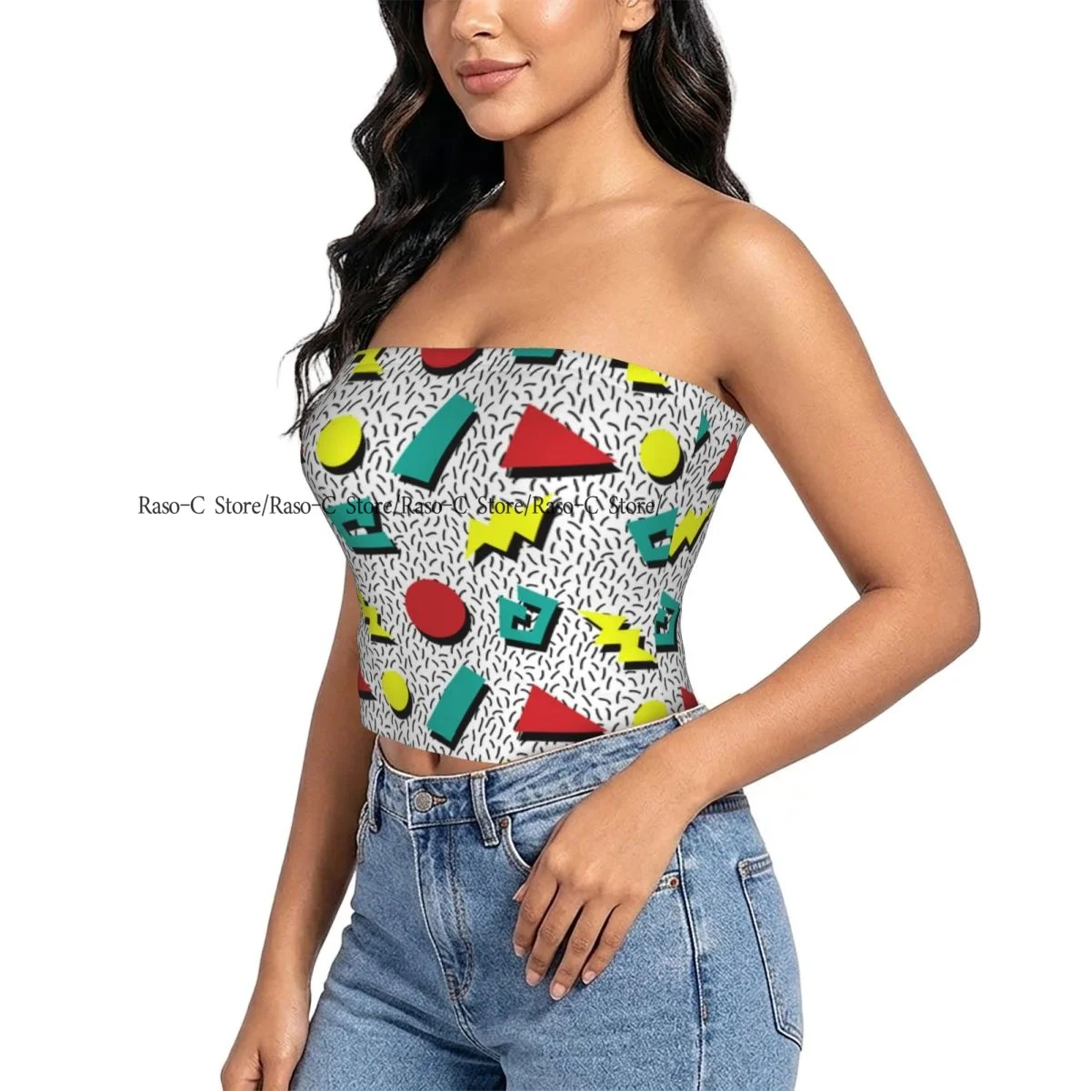 Women Block Crop Slim Tube Top Geometric Retro Memphis Style Strapless Top For Summer Female Clothing
