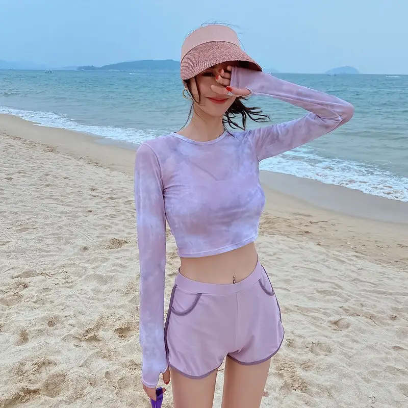 

Women Swimsuit Colorful Printed Diving Bathing Wear Tankini Korea 4 Pieces Cover Up Long Sleeve Suit
