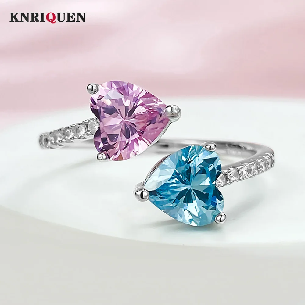 

Retro 100% 925 Real Silver 6*6MM Heart-Shaped Pink Quartz Topaz Aquamarine Rings for Women Party Fine Jewelry Anniversary Gifts