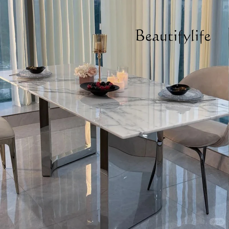 

Imported marble fragrant snow plum dining table rectangular household Italian minimalist light luxury dining table luxury stone