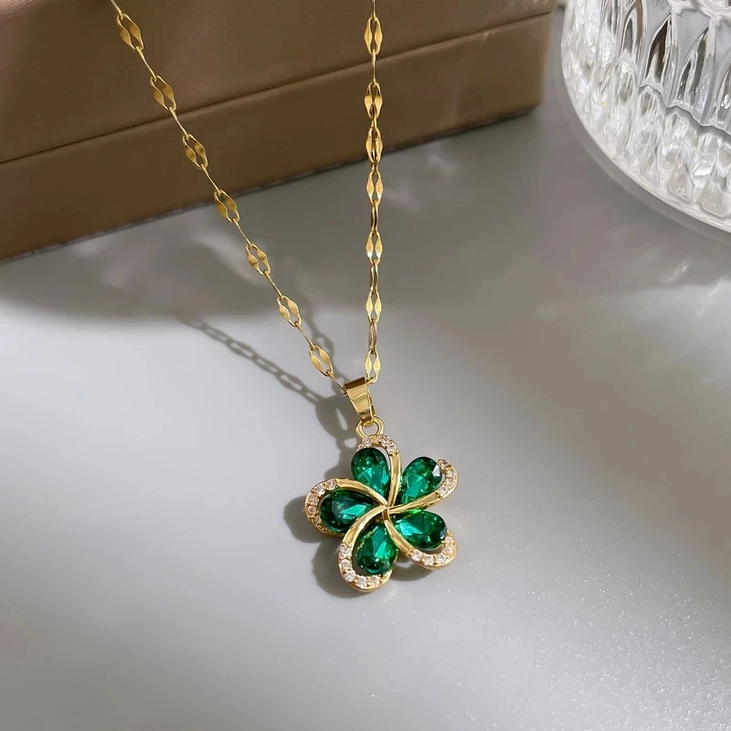 OIMG 316L Stainless Steel Gold Plated Green Zircon Flowers Pendant Necklace For Women New Luxury Girls Lucky Chain Birthday Gift