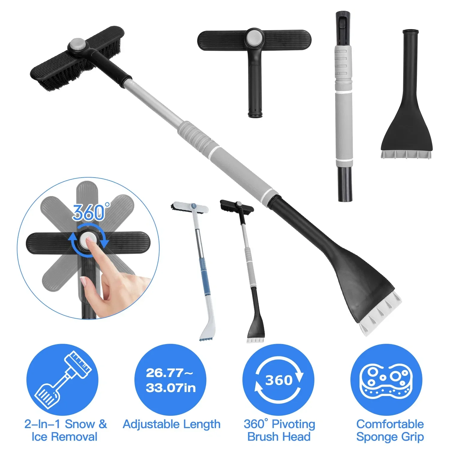 2 In 1 Telescopic Snow Removal Tool Automobile Shovel Frost with 360° Pivoting Brush Head Sponge Grip 26.77-33.07in Length