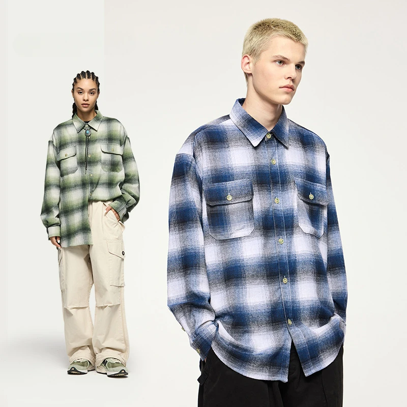 

Male and Female 2024 Autumn/winter New Japanese Gradient Checkered Shirt Classic Retro Commuting Loose Pure Cotton Pocket Top