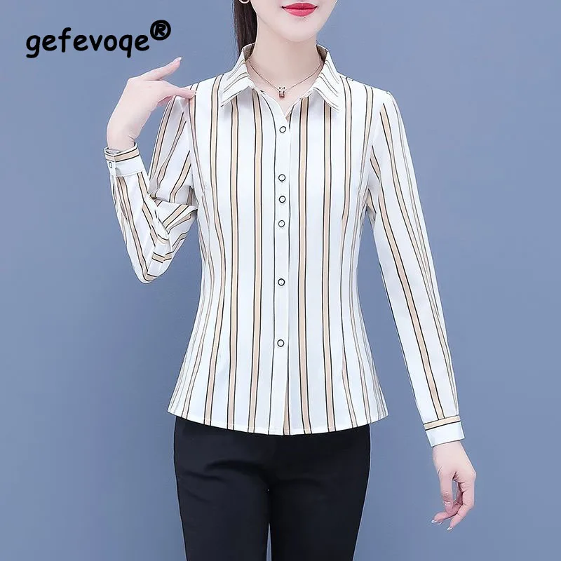 Striped Printing Women\'s Clothing 2023 New Long Sleeve Slim Ladies Tops Spring POLO Collar Fashion Fashion Button Chiffon Shirt