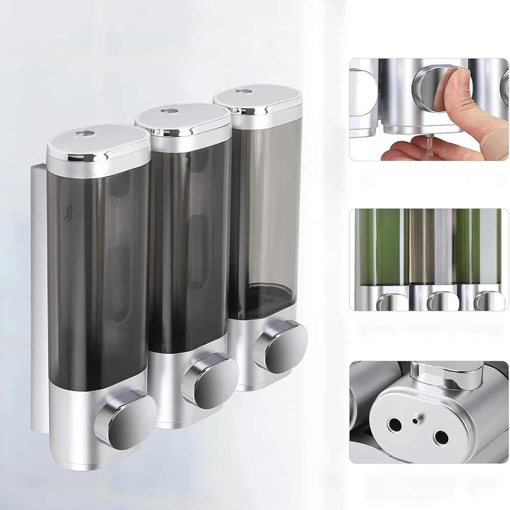1 set di dispenser da parete per 3 flaconi di sapone, con pompa a pressione, senza necessità di forare, set di dispenser autoadesivi per shampoo e bagnoschiuma, ideale per il bagno e la doccia – a