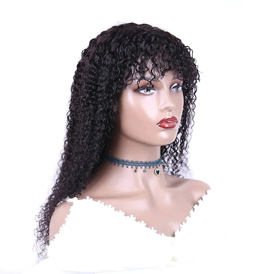 Wig Keriting Ikal Afro Hitam dengan Poni Wig Atas Kulit Kepala Buatan Mesin Penuh Wig Rambut Manusia Keriting Brasil Virgin dengan Ketebalan 150