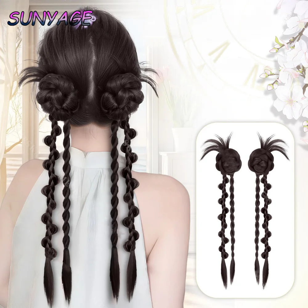 

Synthetic wig bud head Fried Dough Twists braid grab clip wig female sweetheart grab clip double ball ponytail hair ornament