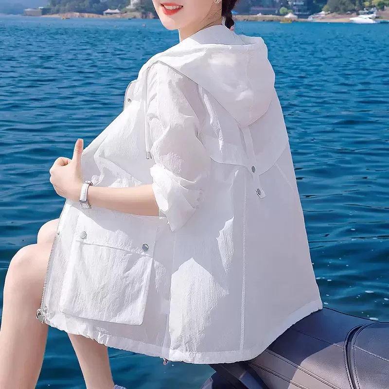 2025 New Women Hooded Thin Sun Protection Clothing Summer Fashion Long Sleeve Zipper Slim Coat Female Jacket Casual Outwear T979