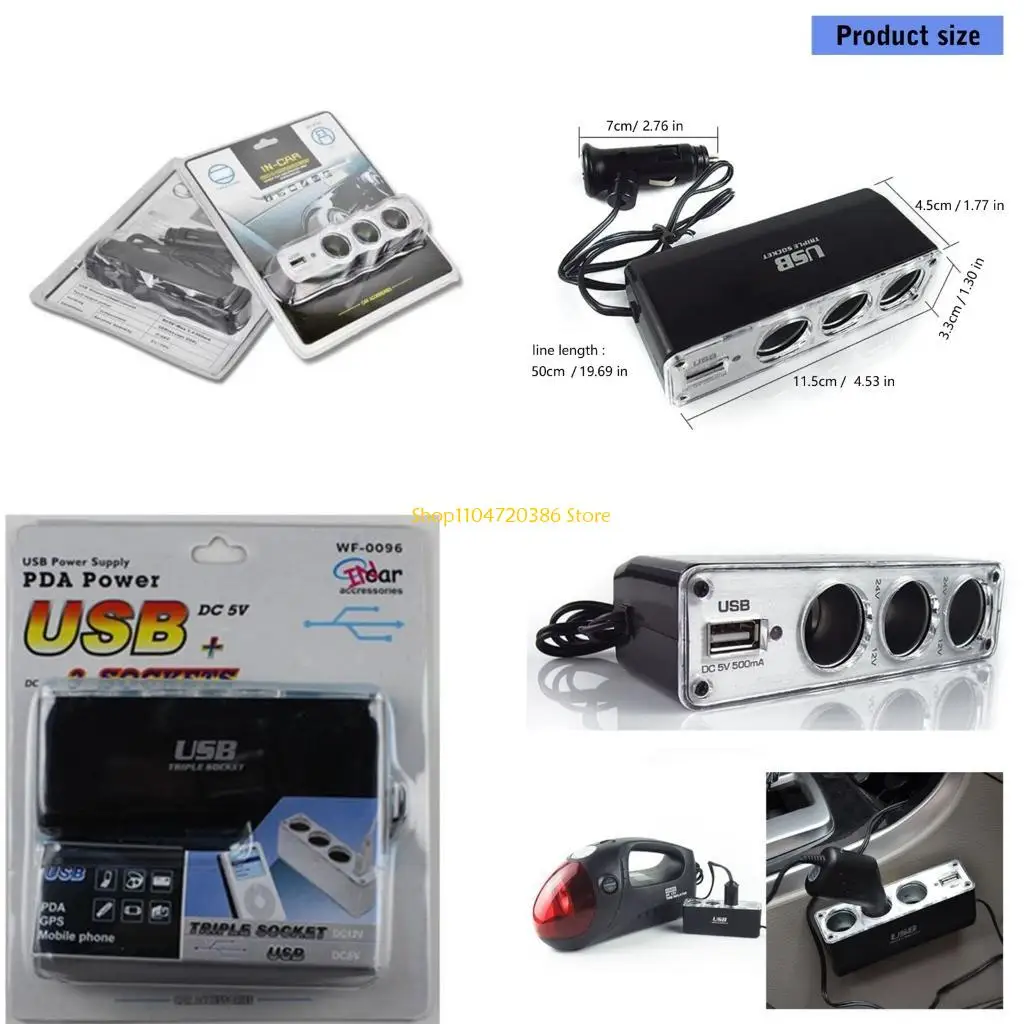 K0EA 12/24V Universal Vehicle Cigarettes Splitter 3 Outlets USB Vehicle Access