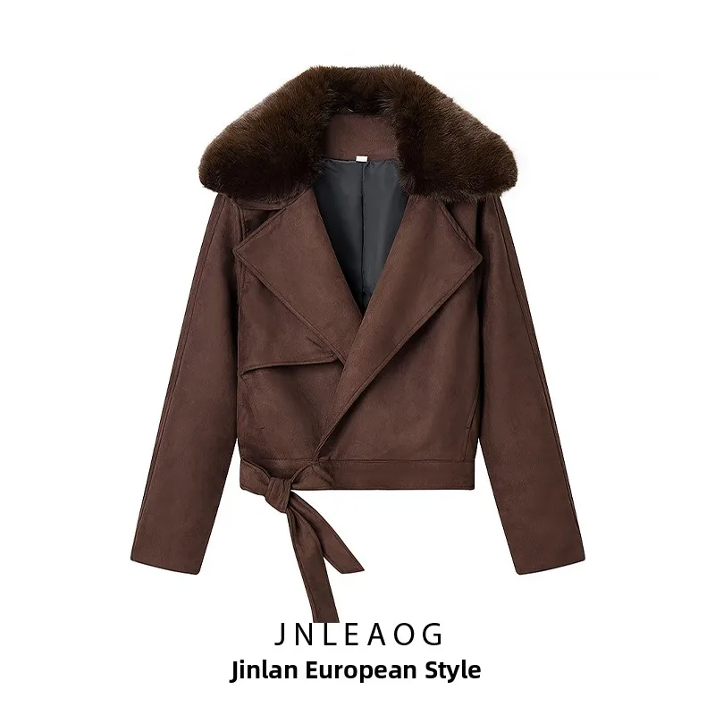 

JNLEAOG модная осенняя новая женская одежда бархатное пальто из кожи оленя с меховым воротником универсальный дизайн женская верхняя одежда