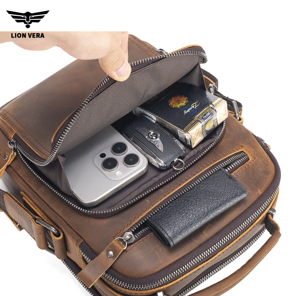LION VERA Men's Shoulder Bag Crazy Horse Leather Multi layer Large Capacity Crossbody Bag Business Handbag Leisure Messenger Bag view 5