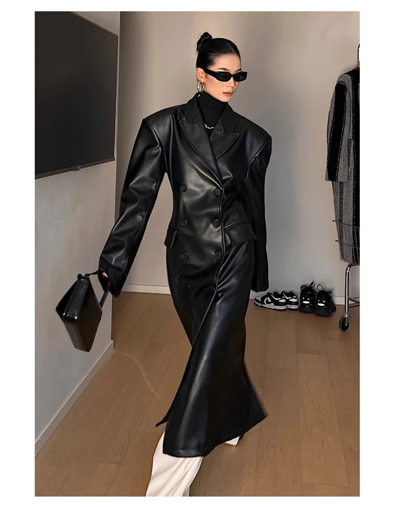 Nerazzurri Spring Autumn Luxury Long Black Fitted Pu Leather Trench Coat for Women Shoulder Pads Double Breasted Runway Fashion