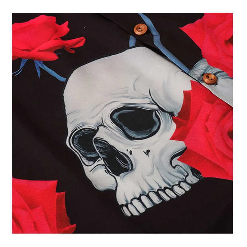 New Arrival Retro Loose Cuban Collar Shirt Men's Rose Skull Print Korean Fashion Trend Short Sleeved Shirts