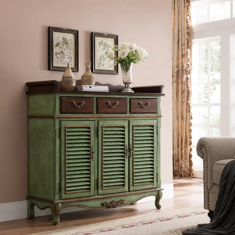 Breathable Solid Wood Shoe Cabinet with Drawers Entryway Storage Locker Partition Porch Cabinet Retro Green for Small