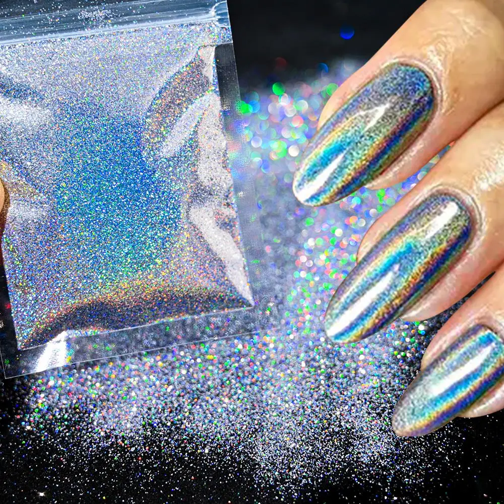 50g Laser Silver Holographic Nail Powder 0.2mm Chrome Rainbow Glitter Design Nail Art Pigment Rub Dust Fine Nail Glitter 008inch