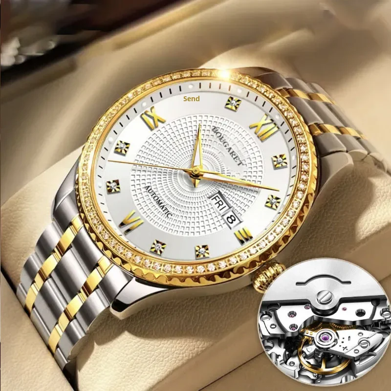 New Men's Mechanical Watch Waterproof Luminous Calendar Brick Inlaid Fashion Business Wristwatch Movement Without Clasp