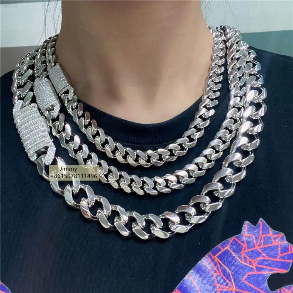 12mm 13mm 18mm Width 925 Silver Hip Hop Style Iced Out Jewelry Vvs Moissanite Clasp Cuban Link Chain