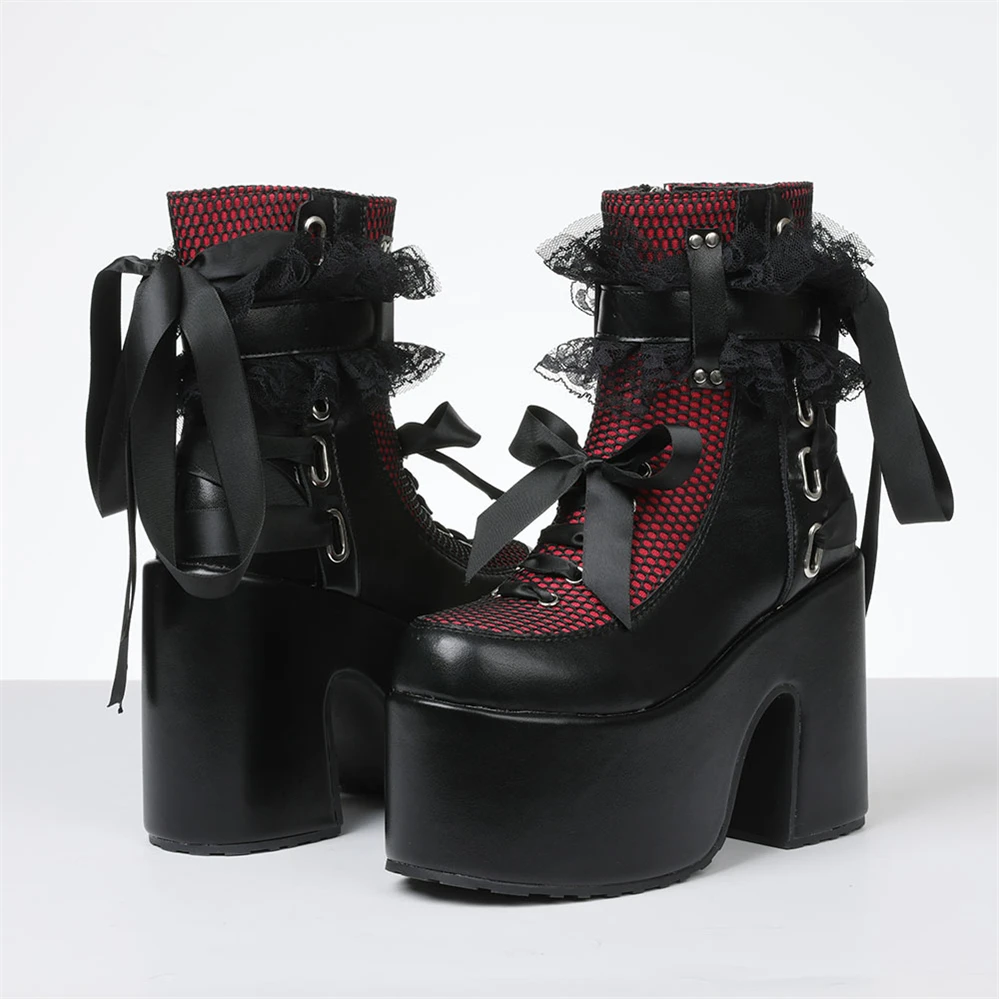 Y2k Готические короткие ботинки женские на платформе на массивном высоком каблуке с бантом и кружевным декором Модные женские ботильоны в стиле панк Осенняя обувь на Хэллоуин W